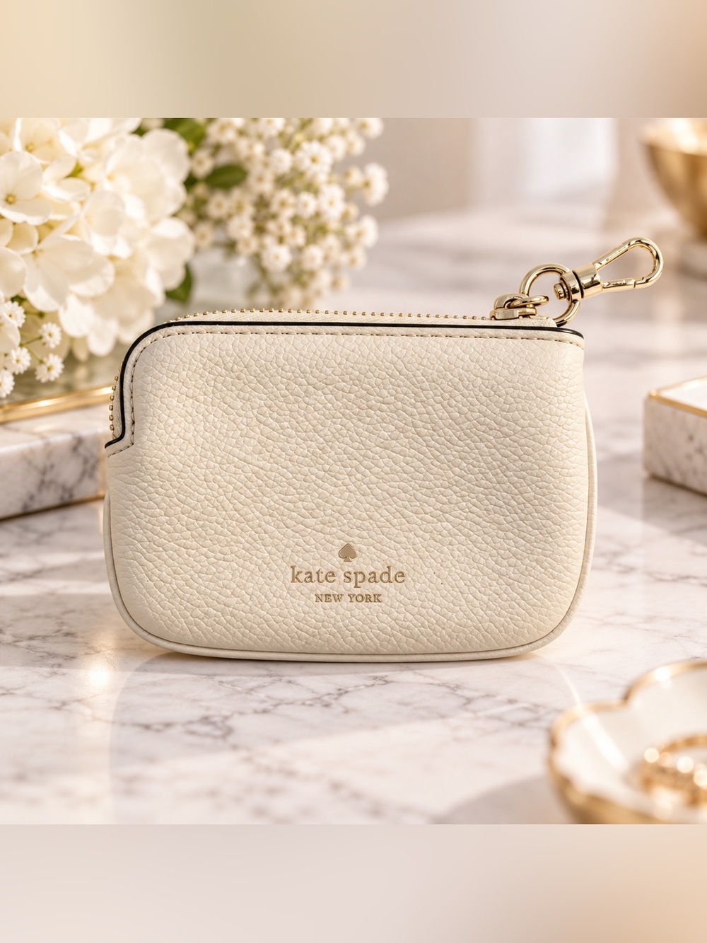 Kate Spade Ivory Pebbled Leather Zip Card Holder Key Pouch Y2K Designer Luxury
